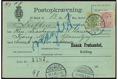 5 øre og 15 øre Våben på retur postopkrævning fra Kolding d. 11.1.1906 til Glamsbjerg. Retur som modtagelse nægtet.