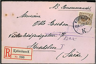 25 øre Chr. X single på anbefalet brev fra Kjøbenhavn d. 19.10.1917 til Stockholm, Sverige.