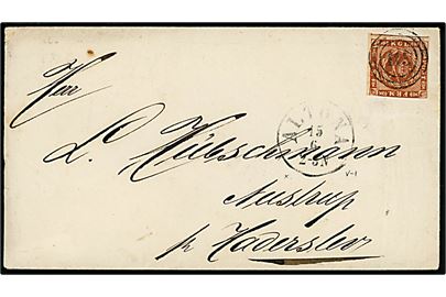 4 sk. 1858 udg. på brev annulleret med nr.stempel 113 og sidestemplet antiqua Altona d. 15.6.1862 via bureau Slesv.P.Sp.Bur.I og Haderslev til Aastrup pr. Haderslev.
