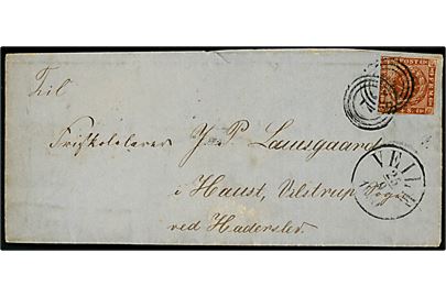 4 sk. 1858 udg. på brev annulleret med nr.stempel 76 og sidestemplet antiqua Veile d. 25.9.1860 via Haderslev til Haust (Hovst), Vilstrup Sogn pr. Haderslev. 
