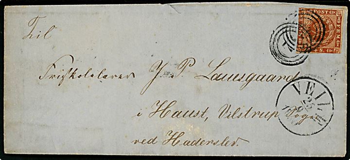 4 sk. 1858 udg. på brev annulleret med nr.stempel 76 og sidestemplet antiqua Veile d. 25.9.1860 via Haderslev til Haust (Hovst), Vilstrup Sogn pr. Haderslev. 