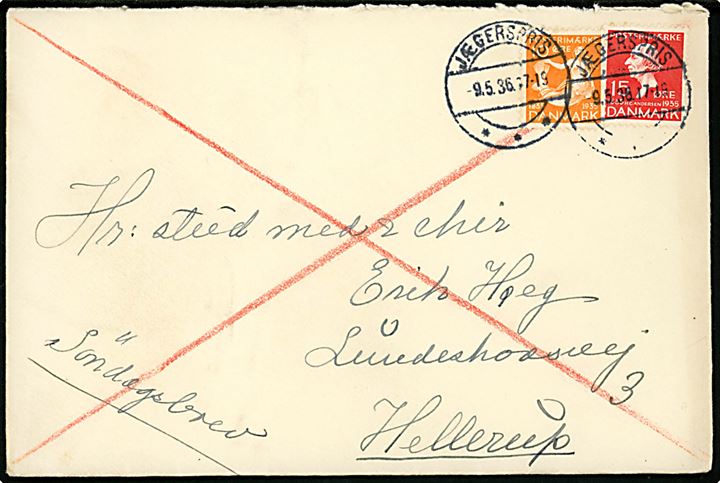 10 øre og 15 øre H. C. Andersen på søndagsbrev fra Jægerspris d. 9.5.1936 til Hellerup.