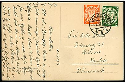 5 pfg. og 10 pfg. Våben automat-takning (store hj.tak) med tydelig afskæring på brevkort fra Danzig d. 4.7.1937 til Rødovre, Danmark.