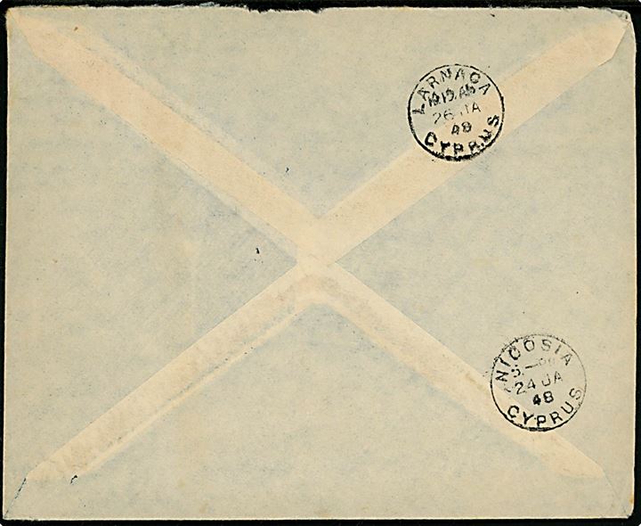 20 mills single på luftpostbrev fra Rishon le Tsiyon d. 4.1.1948 via Nicosia til Larnaca, Cypern.