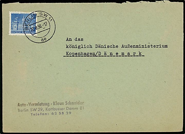 40 pfg. Charlottenburg single på brev fra Berlin SW11 d. 20.8.1958 til Udenrigsministeriet i København, Danmark.
