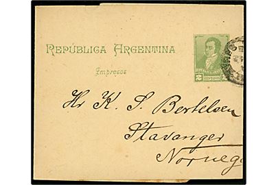 2 c. helsags korsbånd fra Buenos Aires 1893 til Stavanger, Norge. På bagsiden ank.stemplet i Stavanger d. 6.1.1894