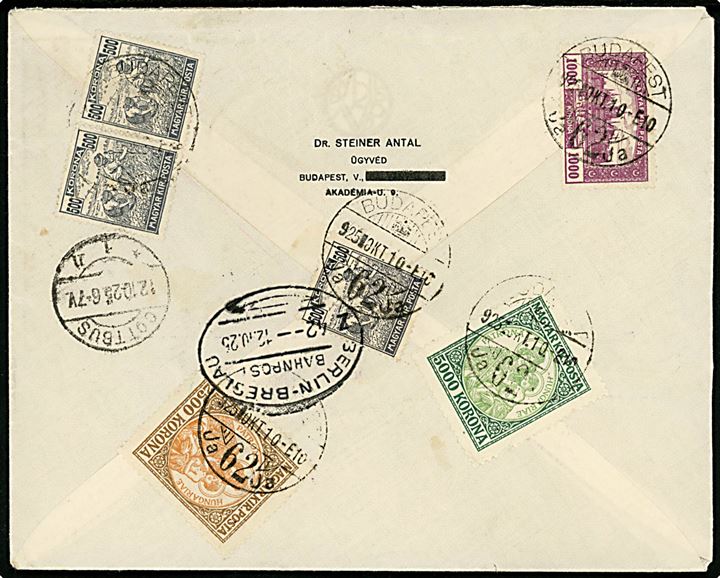 10.000 Kr. blandingsfrankeret anbefalet infla-brev fra Budapest d. 10.10.1925 via tysk bureau Berlin-Breslau Z42 d. 12.10.1925 til Cottbus, Tyskland.