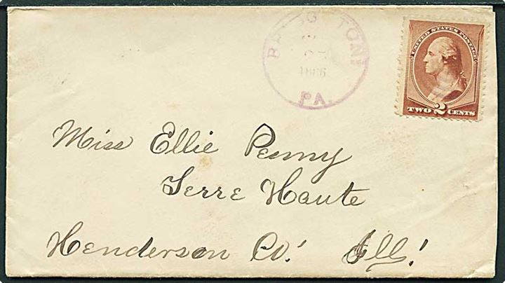 2 cents Washington på brev annulleret med stumt stempel og sidestemplet Bridgeton d. 26.3.1886 til Terre Haute, Ill.