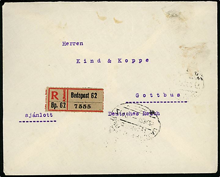 10.000 Kr. blandingsfrankeret anbefalet infla-brev fra Budapest d. 10.10.1925 via tysk bureau Berlin-Breslau Z42 d. 12.10.1925 til Cottbus, Tyskland.
