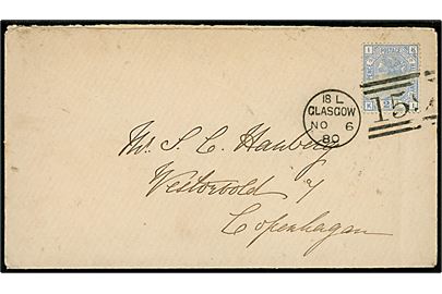 2½d Victorie pl.19 single på brev annulleret med duplex IS L Glasgow/159 d. 6.11.1880 til København, Danmark.