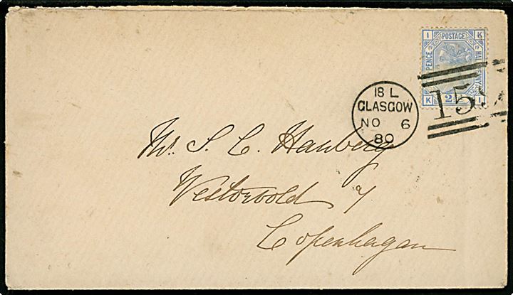 2½d Victorie pl.19 single på brev annulleret med duplex IS L Glasgow/159 d. 6.11.1880 til København, Danmark.