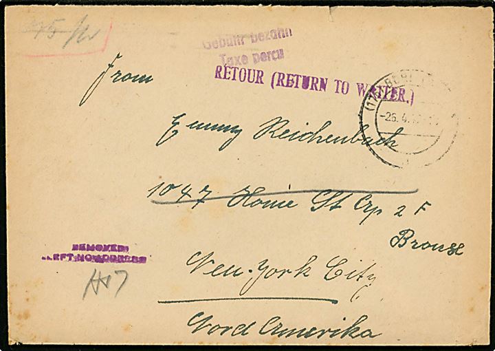 75 pfg. bar-frankeret brev stemplet Gebühr bezahlt / Taxe percu fra Bühl-Baden d. 26.4.1947 til New York, USA. Returneret som ubekendt med flere stempler.