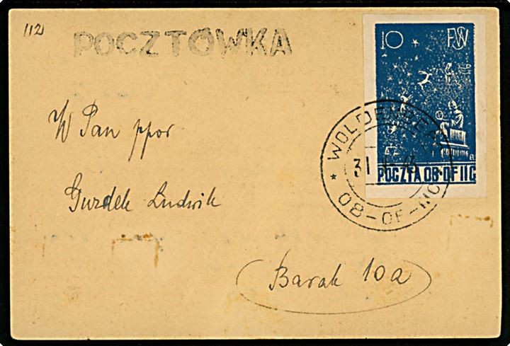 Polsk lejrpost: Oflag 11c Woldenberg 10 f. single på brevkort stemplet Woldenberg * OB-OF-IIC * d. 31.5.1943 til fange i barak 10a.