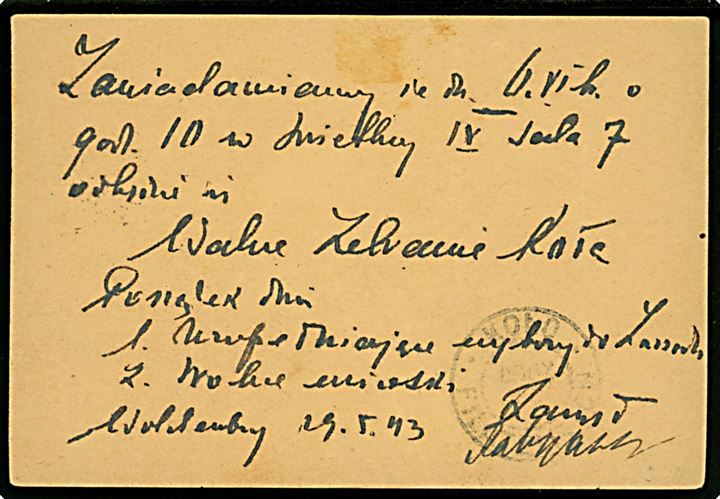 Polsk lejrpost: Oflag 11c Woldenberg 10 f. single på brevkort stemplet Woldenberg * OB-OF-IIC * d. 31.5.1943 til fange i barak 10a.