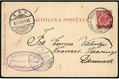 20 Para/10 pfg. Provisorium på brevkort (Saluti da Pisa) stemplet Constantinopel 1 * Deutsche Post * d. 7.3.1899 via Svendborg til Taasinge, Danmark.