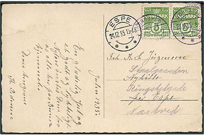 5 øre Bølgelinie i parstykke på brevkort annulleret med violet brotype IIc stempel Hornsyld d. 23.12.1935 til Nybølle pr. Espe - eftersendt til Næstved.