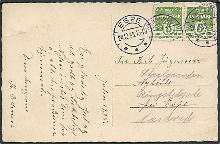5 øre Bølgelinie i parstykke på brevkort annulleret med violet brotype IIc stempel Hornsyld d. 23.12.1935 til Nybølle pr. Espe - eftersendt til Næstved.
