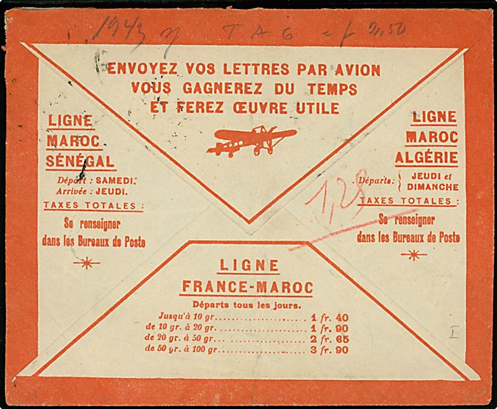 80 f. Luftpost single på særlig illustreret luftpostkuvert fra Rabat d. 22.?.1937 til Vallon, Frankrig. Violet militær afs.-stempel fra den øverstkommanderende over de franske tropper i Marokko.