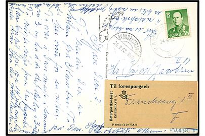35 øre Olav på brevkort (Kamben Hotel) stemplet Kamben d. 29.9.1962 til København - forespurgt via Returpostkontoret med etiket P4007c (1-59 1/3A7).