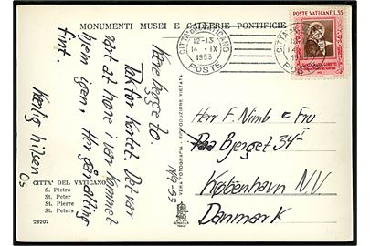 35 l. single på brevkort fra Citta del Vaticano d. 14.9.1953 til København, Danmark.