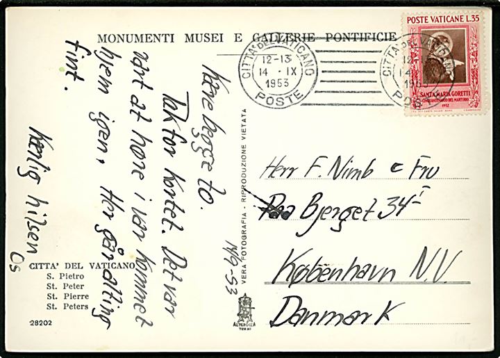 35 l. single på brevkort fra Citta del Vaticano d. 14.9.1953 til København, Danmark.