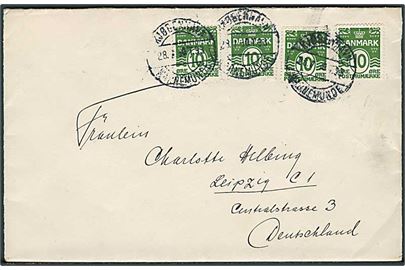 10 øre grøn Bølgelinie (4) med automat afskæringer på 2. vægtklasse brev fra København d. 28.7.1930 annulleret med Bureaustempel København - Warnemünde T.33 d. 28.7.1930 til Leipzig, Tyskland.
