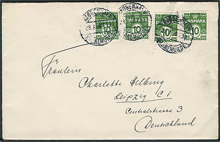 10 øre grøn Bølgelinie (4) med automat afskæringer på 2. vægtklasse brev fra København d. 28.7.1930 annulleret med Bureaustempel København - Warnemünde T.33 d. 28.7.1930 til Leipzig, Tyskland.