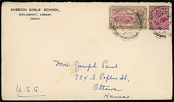 1 anna Council House og 2 Annas George V på brev fra Golaghat, Assam d. 2.6.1931 til Ottawa, Kansas, USA.