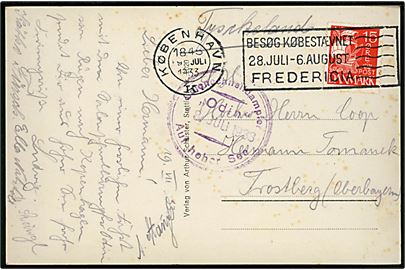 15 øre Karavel på brevkort (Salon-Schnelldampfer Odin) annulleret København d. 19.7.1933 og sidestemplet Salonschnelldampfer / Auf hoher See d. 18.7.1933 til Frostberg, Tyskland.