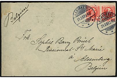 10 øre Chr. IX i parstykke på brev annulleret med brotype Ia Aakirkeby d. 21.2.1907 til Belgien. 
