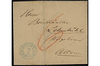 1855. Portobrev med blåt antiqua Kjøbenhavn O.P.E. d. 25.6.1855 til Altona. Påskrevet 6 sk. porto. 