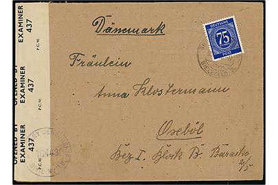 75 pfg. Ciffer på brev fra Grosse Dörnberg über Bielefeld d. 30.?.1946 til tysk flygtning i Oksbøl, Danmark. Åbnet af allieret efterkrigscensur i Tyskland og på bagsiden stemplet krone St. c. L. Lejrchefen i Oxbøl.