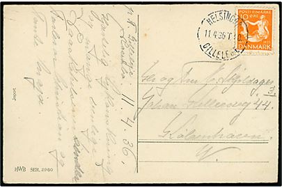 10 øre H. C. Andersen (defekt) på brevkort fra Gilleleje annulleret med bureaustempel Helsingør - Gilleleje T.10 d. 11.4.1936 til København.