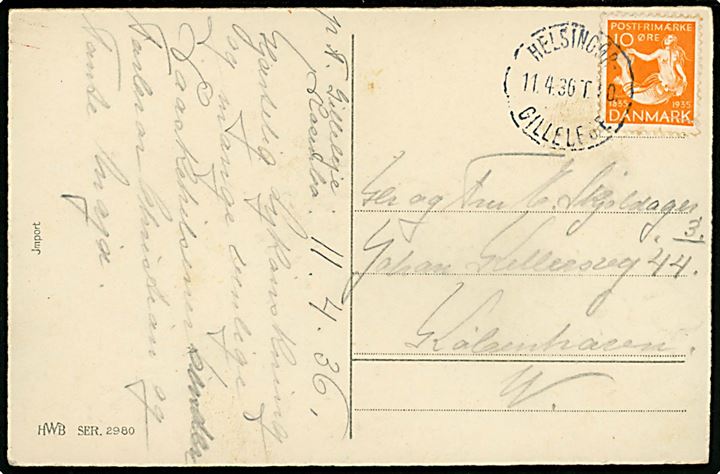 10 øre H. C. Andersen (defekt) på brevkort fra Gilleleje annulleret med bureaustempel Helsingør - Gilleleje T.10 d. 11.4.1936 til København.