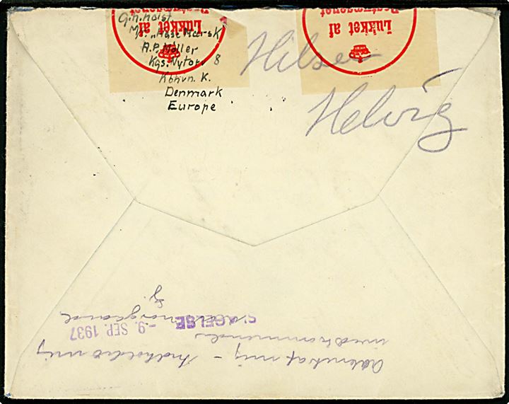 20 mills på brev fra Port Said d. 7.9.1937 til Rødby, Danmark. Eftersendt til Slagelse og fejlagtigt åbnet. Påsat pergamyn etiket (krone) Lukket af Postvæsenet A61 5/25.