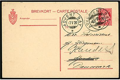 10 øre helsagsbrevkort fra Spitsbergen annulleret Advent Bay d. 7.5.1920 og 8.5.1920 via Harstad d. 13.5.1920 til Aarhus, Danmark - eftersendt til Randers. Uden meddelelse på bagsiden.
