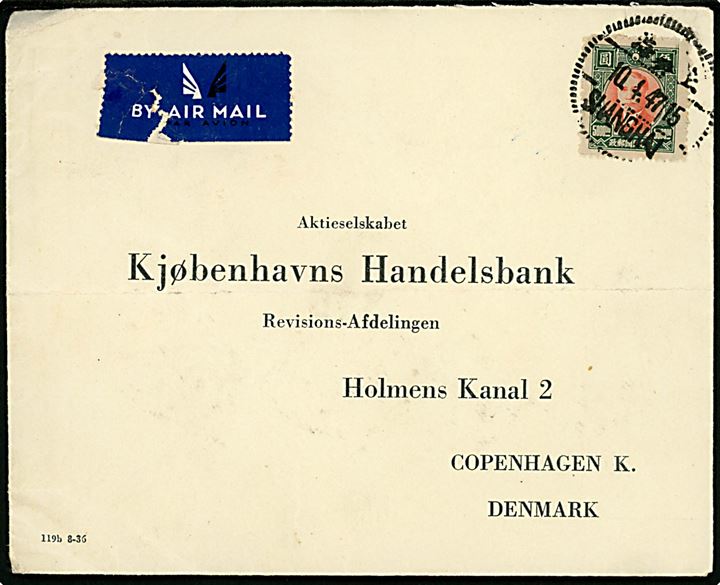 $5000 Sun Yatsen single på luftpostbrev fra Shanghai d. 10.4.1947 til København, Danmark.