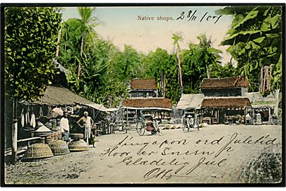 Singapore. Native shops. Med 3 cent Straits Settlements annulleret Singapore d. 28.11.1907 til København, Danmark. 