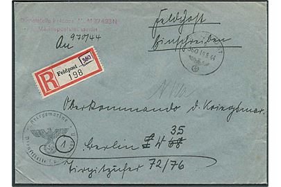 Ufrankeret anbefalet tjeneste feltpostbrev stemplet Feldpost g (Kenn-nr. 360) d. 19.8.1944 til Berlin. Fra Dienststelle Feldpost Nr. M 37493N, Marinepostamt Berlin = Marine-Nachrichtenoffizier Aarhus.