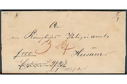 1847. Pengebrev fra Lütjenhorn (Tidligere “Lillehore” i Tønder amt) , sendt d. 10.12.1847 til Husum. På bagsiden laksegl fra Flensburg Postkontor.