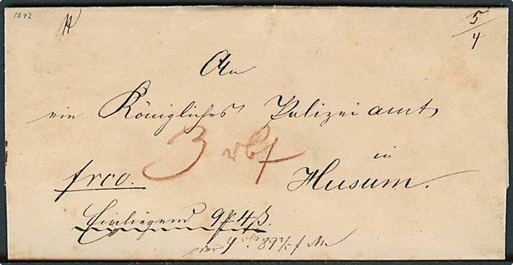 1847. Pengebrev fra Lütjenhorn (Tidligere “Lillehore” i Tønder amt) , sendt d. 10.12.1847 til Husum. På bagsiden laksegl fra Flensburg Postkontor.
