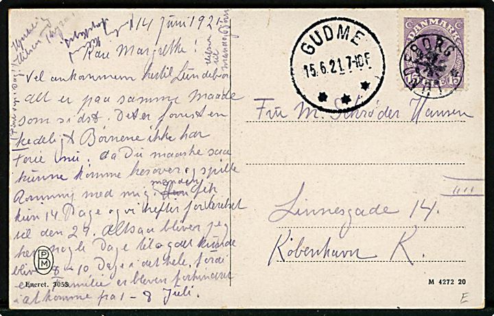 Lundeborg. Havnen. O.B.P.M. no. 3058. Med 15 øre Chr. IX, annulleret med stjernestempel LUNDEBORG, sidestemple Gudme d. 15.06.1921, til København. 