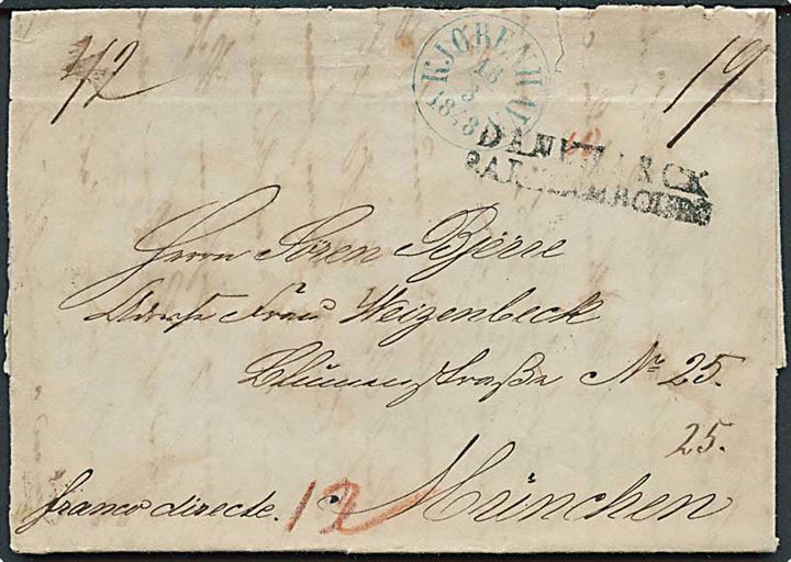 1848 brev fra København d. 18.3.1848 til München. “Kjøbenhavn” stempel i blåt, samt 2 liniestempel “Danemarck - par Hambourg”. Påskrevet “franco directe” + forsk. andre porto påtegninger.