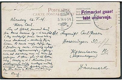 Tysk brevkort fra Nürnberg d. 26.4.1914 til København. Stemplet: Frimærket gaaet tabt undervejs.