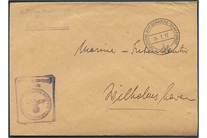 Tysk marinepost brev stemplet Deutsche Kriegsmarine-Schiffspost Nr 9 d. 24.7.1937 til Wilhelmshaven. Afs.stempel 2. Minensuchflotille. Fra ophold i Odense 1937.