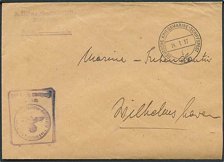 Tysk marinepost brev stemplet Deutsche Kriegsmarine-Schiffspost Nr 9 d. 24.7.1937 til Wilhelmshaven. Afs.stempel 2. Minensuchflotille. Fra ophold i Odense 1937.