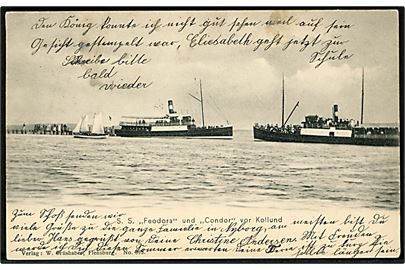 Dampskibene Feodora og Condor ved Kollund. W. Brüshaber u/no. Frankeret med 10 pfg. Germania stemplet Hockerup d. 3.5.1907 til Nyborg, Danmark.
