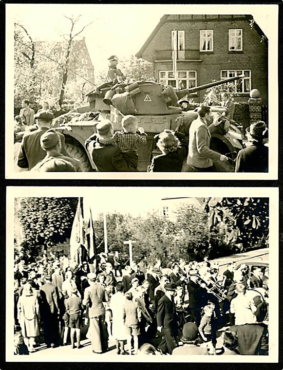 Danmarks befrielse 1945. Folkemængde og britiske pansertropper. 2 fotokort u/no. 