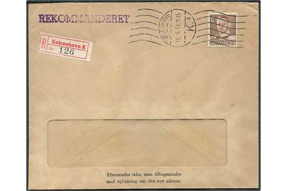 55 øre Fr. IX single på rudekuvert sendt som lokalt anbefalet brev i København d. 11.6.1951.