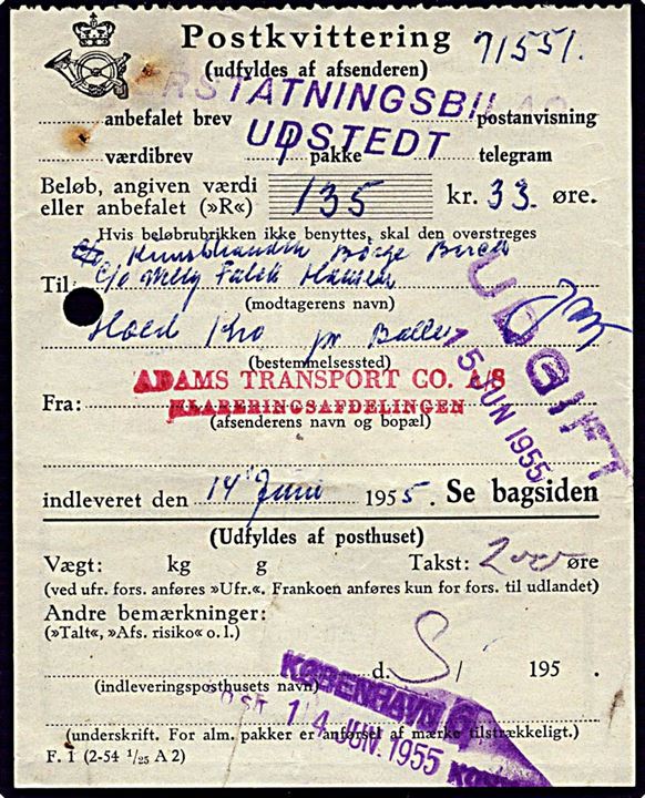 Postkvittering erstatningsbilag på 135 kr. 33 øre København d. 14.6.1955.